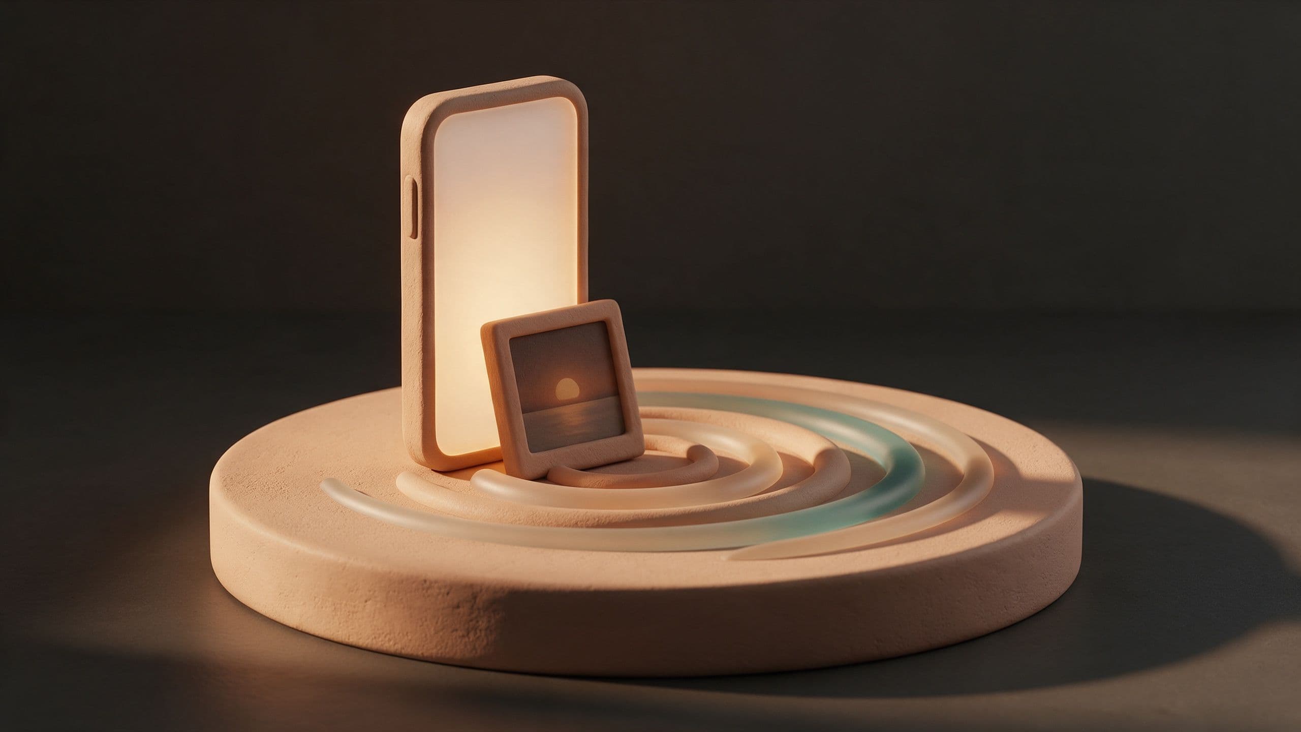 Framed photo leaning on a smartphone with sound-wave rings spreading across a pedestal: turning a photo into a song